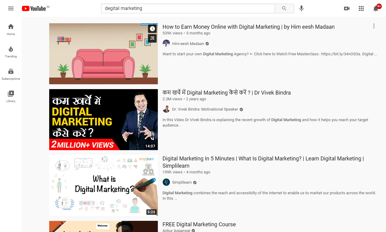 youtube search bar with digital marketing